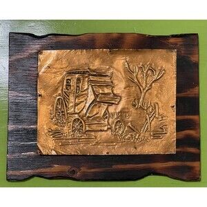 Vintage Copper Hammered Wood Mounted Stagecoach Handcrafted Plaque 11 x 9